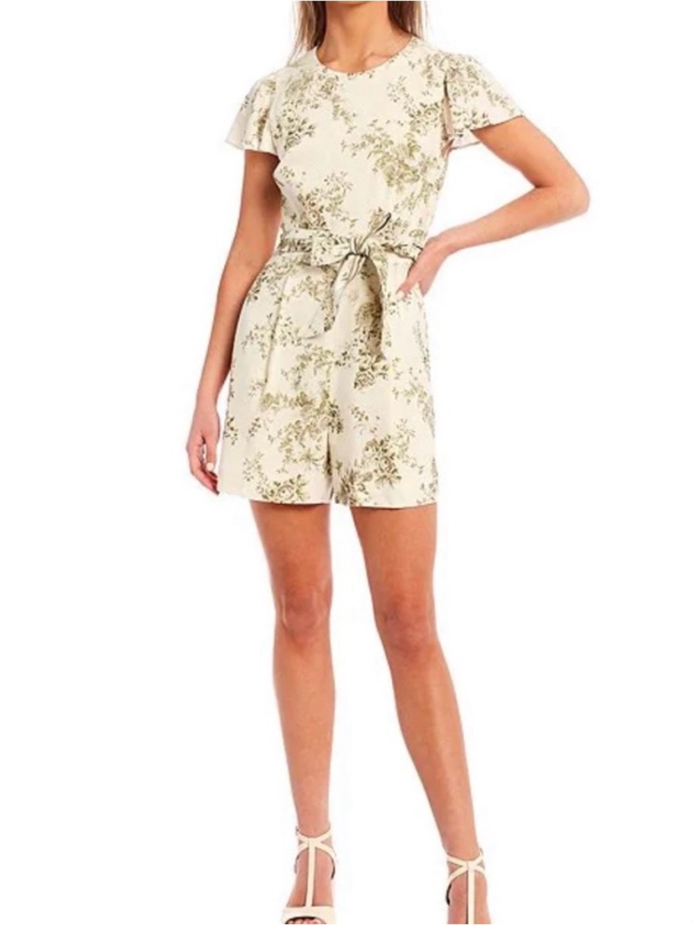ANTONIO MELANI Cream Floral Short-Sleeve Belted Romper